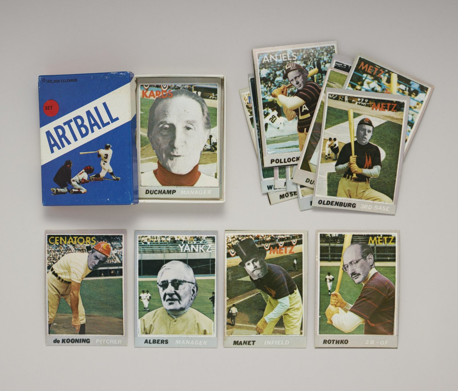 The 1971 Artball box, marked "©1971, Don Celender," with cards including Duchamp, Pollock, Oldenburg, de Kooning, Albers, Manet, and Rothko.