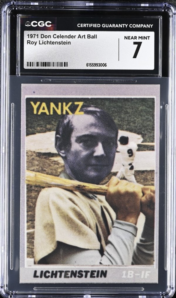 Roy Lichtenstein 1971 Artball card graded CGC Near Mint 7: Lichtenstein with a bat for the "Yankz," "LICHTENSTEIN 1B-IF" at the bottom.