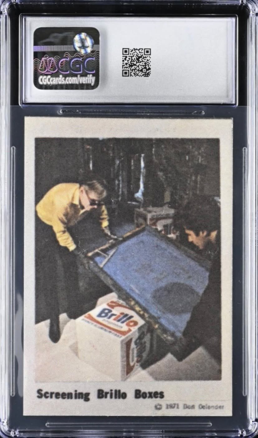 Back of the CGC-graded Warhol Artball card: a photo of Warhol at work, captioned "Screening Brillo Boxes, © 1971 Don Celender."