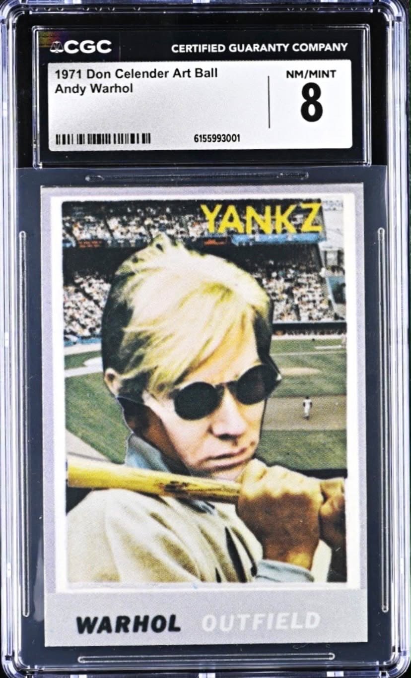 Andy Warhol 1971 Artball card graded CGC NM/Mint 8: Warhol in dark glasses holding a bat, "YANKZ" across the top, "WARHOL OUTFIELD" at the bottom.