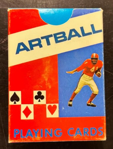 Front of the Artball Playing Cards box: "ARTBALL" across a white band, four suit symbols, a football player in a red uniform, and "PLAYING CARDS" at the bottom.
