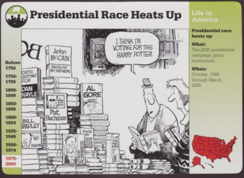 Grolier "Life in America" card, "Presidential Race Heats Up," October 1999 through March 2000, featuring a cartoon mentioning Harry Potter