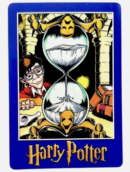 Harry Potter “Magic Will Happen” vending card: a large ornate hourglass with Harry at the left edge
