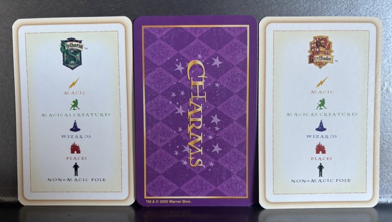 Trivia Game House and Charms cards, backs, showing the category icons and the Charms card back